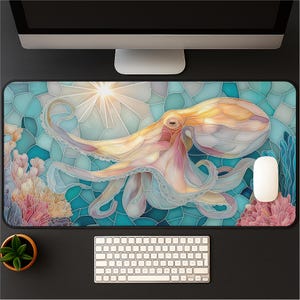 Octopus Desk Mat | Faux Stained Glass Ocean Mousepad with Coral & Sunlight | Nautical Aesthetic Desk Pad | Sea Life Gift for Her