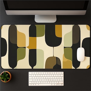 Retro Geometric Desk Mat: Mid-Century Modern Earthy Green & Gold Mousepad
