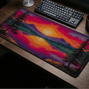 Pixel Art Desk Mat: 16 Bit Sunset Mouse Pad, Cozy Gamer Desk Decor, Retro Lake Keyboard, Lofi Gaming Pad