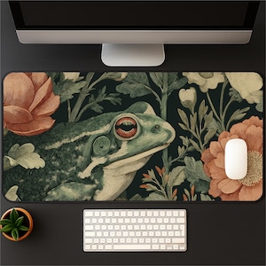 Cottagecore Frog Desk Mat: Vintage Floral Garden Office Decor