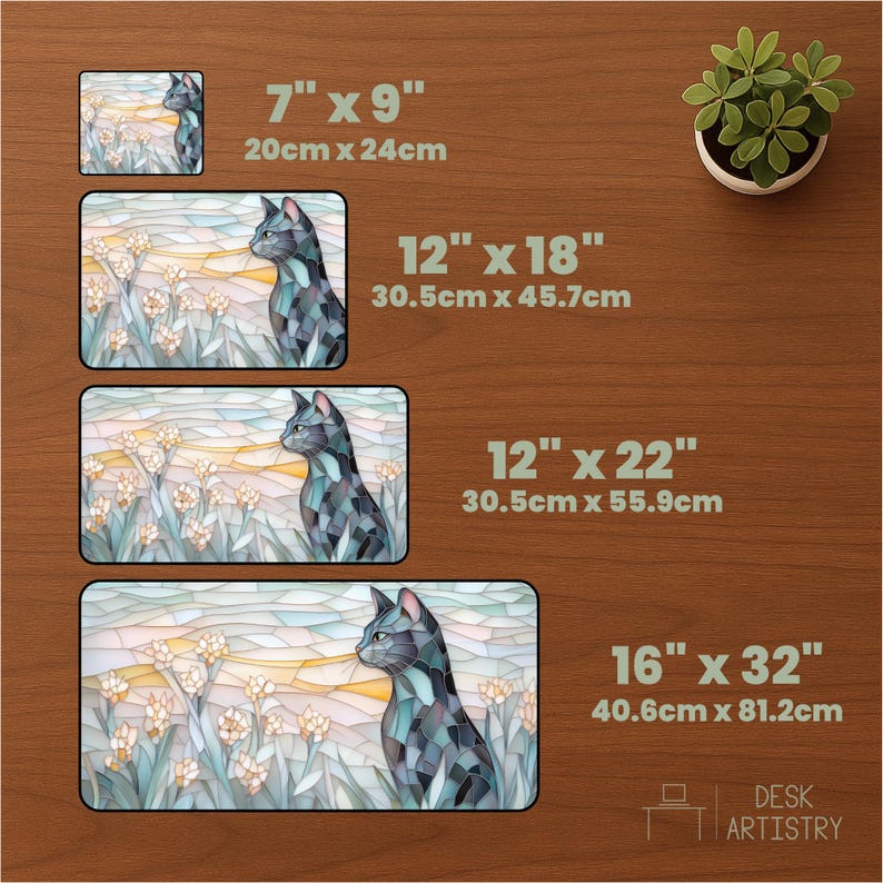 Garden Cat Desk Mat - Faux Stained Glass XL Mousepad, Cute Office Decor, Extended Keyboard Mat, Soft Pastel Desk Pad, Aesthetic Desk Decor image 3
