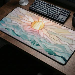 Stained Glass Sunrise Desk Mat: Pastel Ocean Mouse Pad, Coastal Aesthetic Decor, Beach Wave Keyboard Mat, Cute Sun Office Accessories