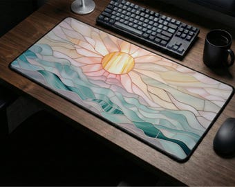 Stained Glass Sunrise Desk Mat: Pastel Ocean Mouse Pad, Coastal Aesthetic Decor, Beach Wave Keyboard Mat, Cute Sun Office Accessories