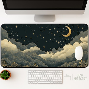 Celestial Moon Desk Mat: Gold Starry Night Galaxy Design
