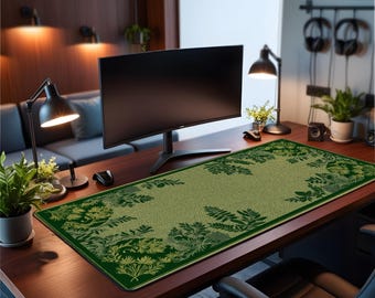 Botanical Desk Mat | Large Gaming Mousepad with Dark Green Leaves, Elegant Plant Lover Office Decor, Nature Aesthetic Workspace