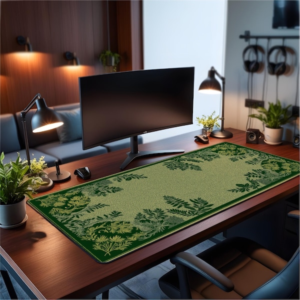 Alfombrilla de escritorio botánica verde oscuro: Alfombrilla de ratón grande para amantes de las plantas, alfombrilla de escritorio XL con forma de hoja, decoración elegante para el hogar y la oficina, regalo botánico para ella.