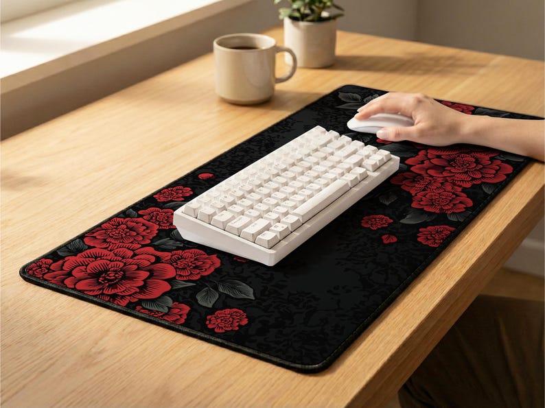 Gothic Victorian Floral Desk Mat: Japandi Mouse Pad, Red Rose Lace ...