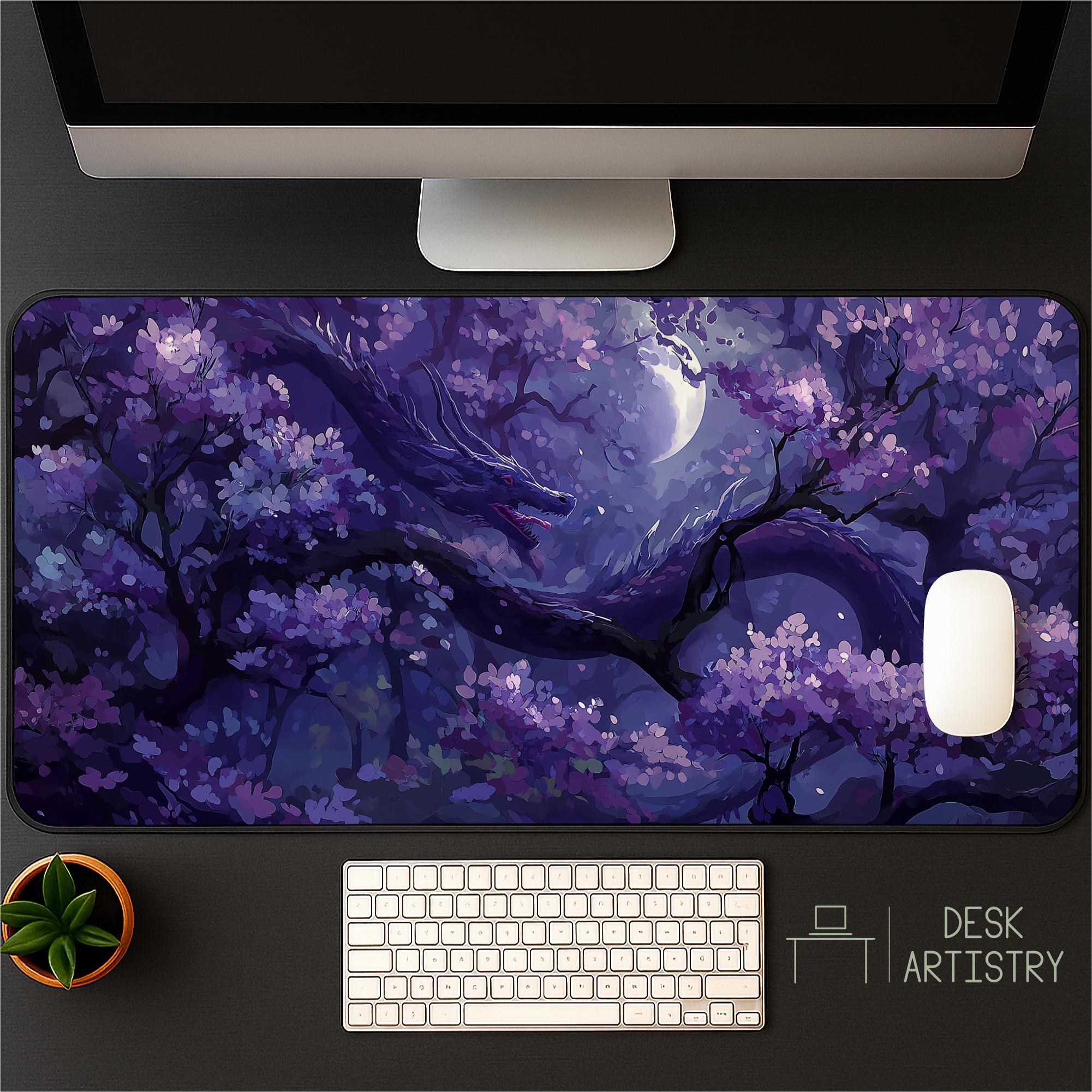 Purple Dragon Desk Mat With Crescent Moon and Cherry Blossoms