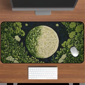 Botanical Moon Desk Mat: Faux Embroidered Celestial Plant Mousepad
