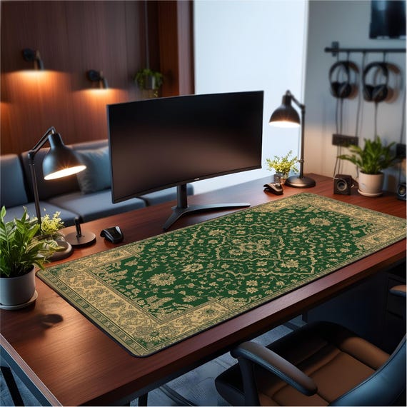 Emerald Green Rug Desk Mat: Persian Floral Mouse Pad