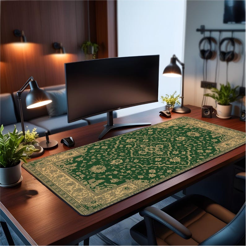A printed emerald rug style desk mat featuring an ornate Persian floral pattern in gold on a deep green background, designed for a vintage and classic look.