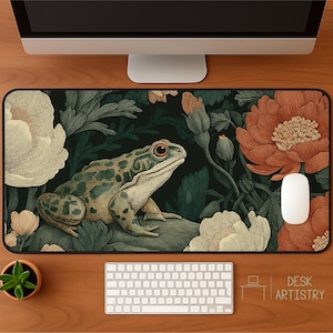 Frog Desk Mat: Vintage Botanical Mousepad - Cottagecore Forest Flowers
