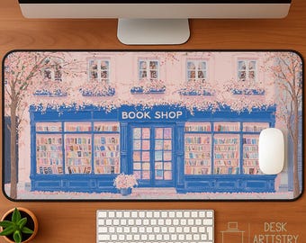 Bookshop Desk Mat: Vintage Bookstore Illustration, Pink Blossoms