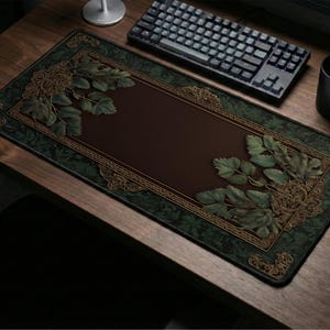 Sous-main fleuri : tapis de souris marron foncé, décoration de bureau à cadre vintage, tapis de clavier botanique, gothique XL