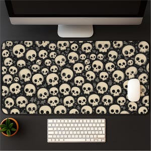 Skull Pattern Desk Mat | Gothic Cute Mousepad with Chibi Skulls | Spooky Desk Decor Pad | Alt Halloween Aesthetic Gift