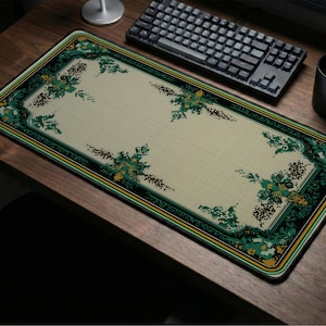 Pixel Art Mouse Pad: Retro Gaming Desk Mat, Green Ornate Border Decor, Vintage Computer Keyboard Mat, 8Bit