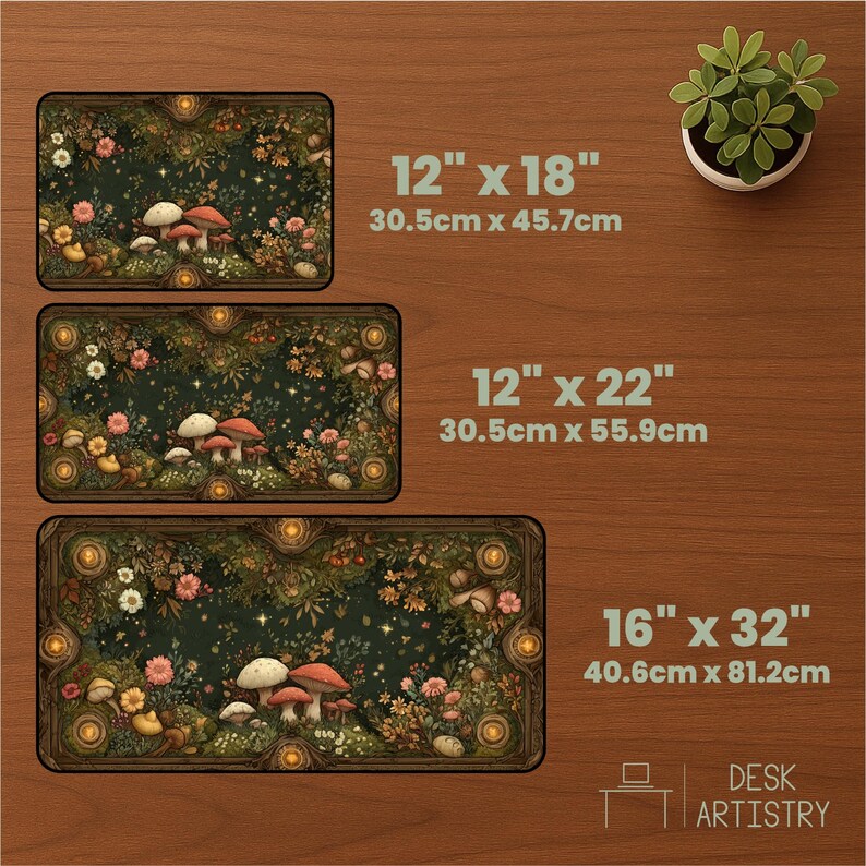 May include: Three rectangular desk mats featuring a dark forest scene with mushrooms, flowers, and glowing lights. Sizes include 12 by 18 inches, 12 by 22 inches, and 16 by 32 inches. The text Desk Artistry is visible in the bottom right corner.
