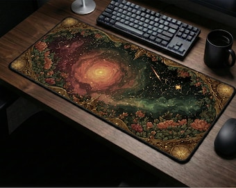 Tapete de mesa floral cósmico: tapete de rato rosa da galáxia, decoração de fantasia celestial, tapete de teclado nebulosa, gamer XL