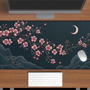 Ukiyo-e Desk Mat | Night Sakura Mousepad, Minimalist Japanese Art Pad, Moonlit Cherry Blossoms, Zen Office Setup, Serene Workspace Gift