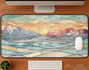 Mountain Sunrise Desk Mat | Faux Stained Glass Nature Mousepad | Pastel Landscape Desk Pad | Soft Aesthetic Decor | Scenic Gift Idea