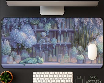 Fantasy Dragon Desk Mat: Cottagecore Magical Bookshelf Gaming Mousepad