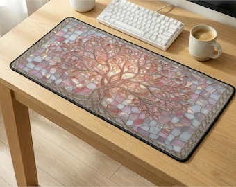 Tree of Life Desk Mat: Stained Glass Mouse Pad, Celtic Knot Decor, Pink Mosaic Keyboard Mat, Fantasy Gaming Pad