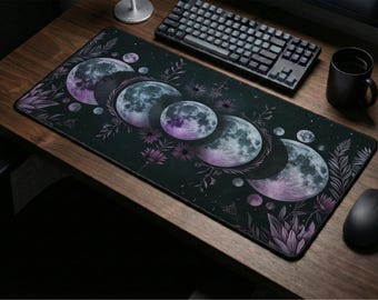 Triple Moon Desk Mat: Lunar Phase Mousepad, Witchy Office Decor
