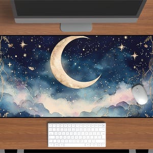 Gold Moon Celestial Desk Mat - Dreamy Crescent Moon and Stars Mousepad with Night Sky Design - Celestial Home Office Decor