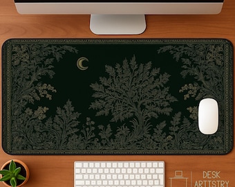 Dark Botanical Moon Desk Mat: Large Gaming Mouse Pad, Elegant Green Extended Keyboard Mat, Vintage Nature Office Decor, Gift for Her