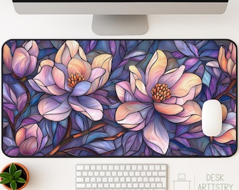Floral Magnolia Desk Mat | Faux Stained Glass Mouse Pad, Aesthetic Purple & Pink Desk Protector, Large Gaming Pad, Cottagecore Office Decor