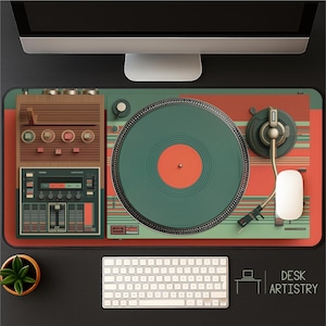 Retro Turntable Desk Mat: Teal & Coral Vinyl Mixer Pad