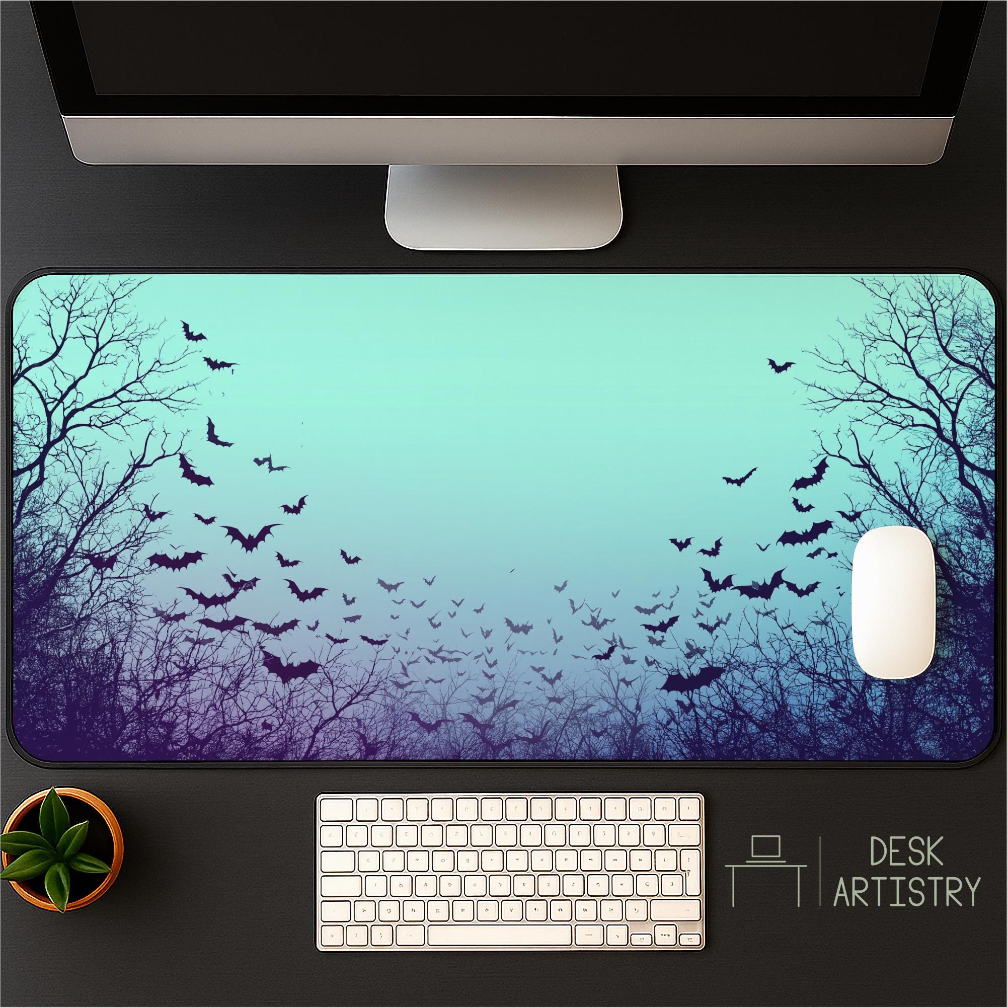 Minimalist Bats Desk Mat: Turquoise Gothic Home Office Decor