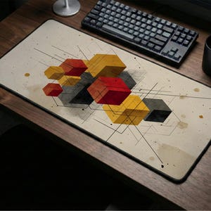 Peut inclure: Tapis de souris rectangulaire avec un motif géométrique abstrait. Le motif comprend des cubes 3D superposés en rouge, jaune et gris, avec des lignes noires et des éclaboussures sur un fond beige. Le tapis de souris est sur un bureau en bois.