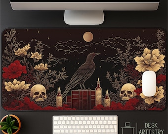 Raven & Skulls Desk Mat: Macabre Gothic Office Decor