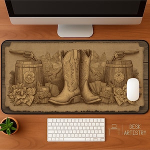 de bureau Bottes de cowboy | de souris de salon occidental | Sous-main de hors-la-loi rustique | Décoration champêtre vintage | Cadeau pour les amateurs de western