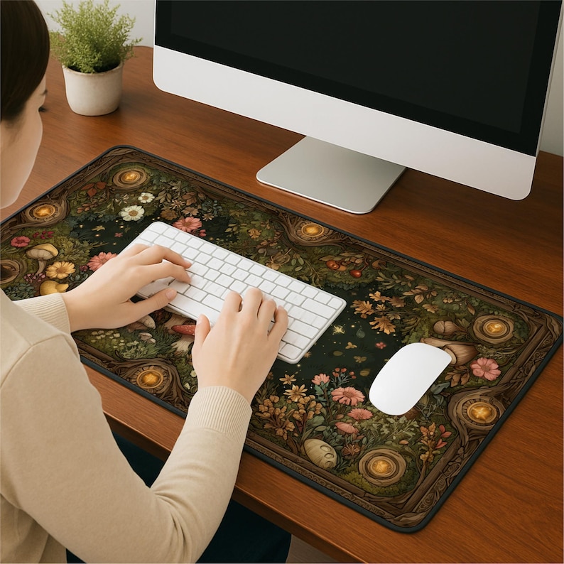 May include: A rectangular desk mat featuring a dark, forest-inspired print with various flowers, mushrooms, and glowing circular wooden accents. The mat has a black border and is positioned on a wooden desk surface under a computer keyboard and mouse.
