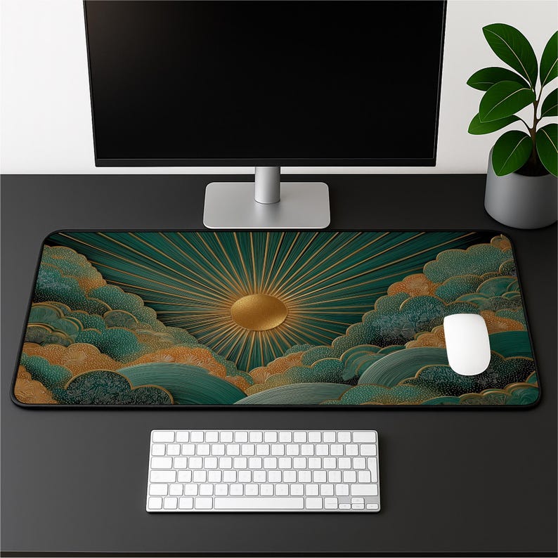 May include: A rectangular desk mat featuring a graphic print of a golden sun with radiating beams set against a background of stylized teal and gold clouds. The mat has a black border and is positioned on a desk with a white keyboard and mouse.