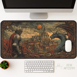 Middeleeuwse ridder bureaumat | Fantasiedraak muismat | Gothic Castle-gamingmat voor RPG, DND en Dark Academia Aesthetic