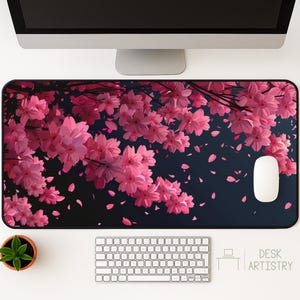 Cherry Blossom Desk Mat - Cute Anime Mousepad for Gamers, Pink on Black Desk Pad, Aesthetic Desk Decor, Large Gaming Mousepad, Office Decor