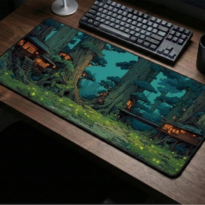 May include: A rectangular mousepad featuring a detailed illustration of a forest scene with illuminated treehouses. The artwork showcases a vibrant color palette of greens, blues, and warm orange hues, creating a whimsical and inviting atmosphere. The mousepad is designed for computer use.