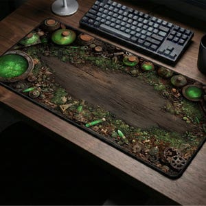 May include: A rectangular mousepad with a fantasy-themed design. The pad features a central wooden plank design surrounded by green foliage, glowing green orbs, and various steampunk-style gears and vials. A keyboard, mouse, and mug are on the wooden desk.