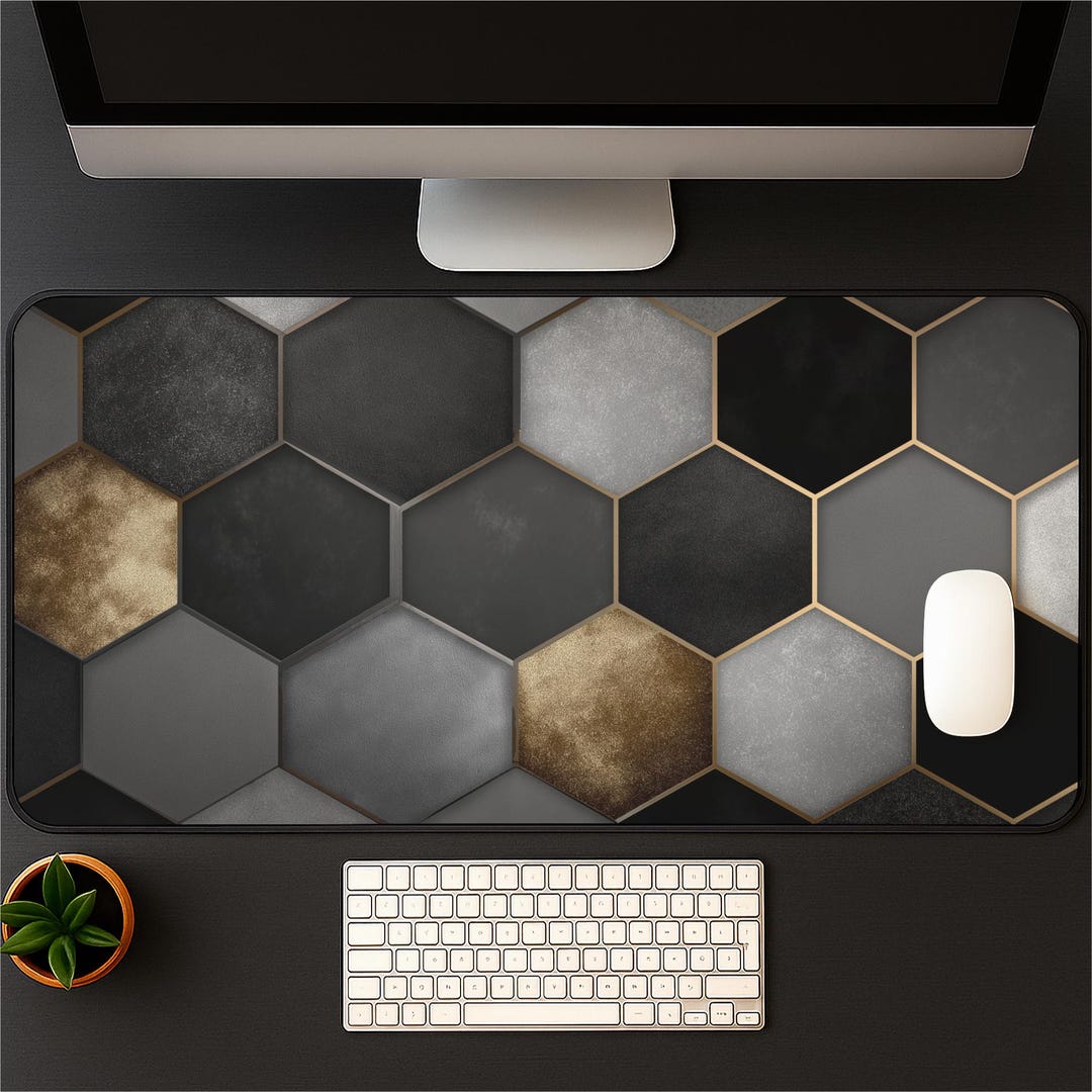 Hexagon Pattern Desk Mat: Modern Geometric Black and Gold Mousepad - Etsy