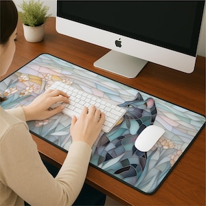 Garden Cat Desk Mat - Faux Stained Glass XL Mousepad, Cute Office Decor, Extended Keyboard Mat, Soft Pastel Desk Pad, Aesthetic Desk Decor image 5