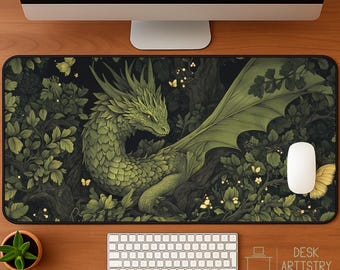 Leafy Green Dragon Desk Mat: Camouflaged Fantasy Gaming Keyboard Mat