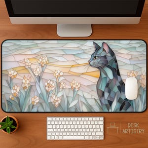 Garden Cat Desk Mat - Faux Stained Glass XL Mousepad, Cute Office Decor, Extended Keyboard Mat, Soft Pastel Desk Pad, Aesthetic Desk Decor