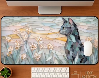 Garden Cat Desk Mat - Faux Stained Glass XL Mousepad, Cute Office Decor, Extended Keyboard Mat, Soft Pastel Desk Pad, Aesthetic Desk Decor
