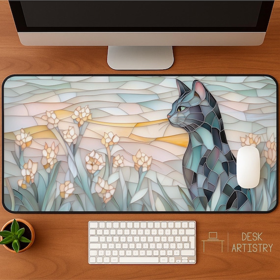 Garden Cat Desk Mat - Faux Stained Glass XL Mousepad, Cute Office Decor, Extended Keyboard Mat, Soft Pastel Desk Pad, Aesthetic Desk Decor