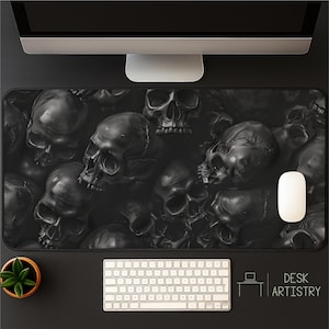Gothic Skulls Desk Mat - Dark Aesthetic Mousepad, Memento Mori Office Decor, Black on Black Keyboard Mat