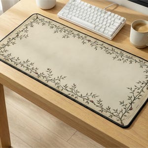 Botanisk vinranka skrivbordsmatta | Minimalistisk blommig kant, Vintage pergamentmusmatta, Cottagecore skrivbordsmatta present
