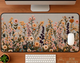 Tapete de escritorio con diseño floral estilo Cottagecore: alfombrilla de ratón con flores silvestres bordadas